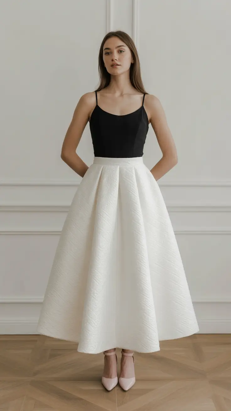 modest spring outfits 2026 Monochrome Grace With a Mid-Length Skirt