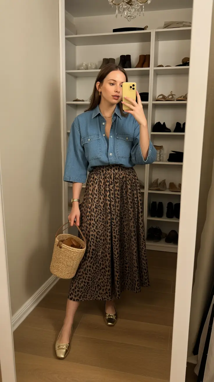modest spring outfits 2026 Denim Softness Meets Animal-Print Confidence