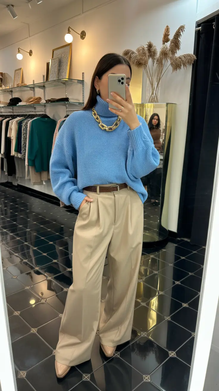 old money spring outfits 2026 Powder-Blue Luxe Knitwear with Tailored Neutrals