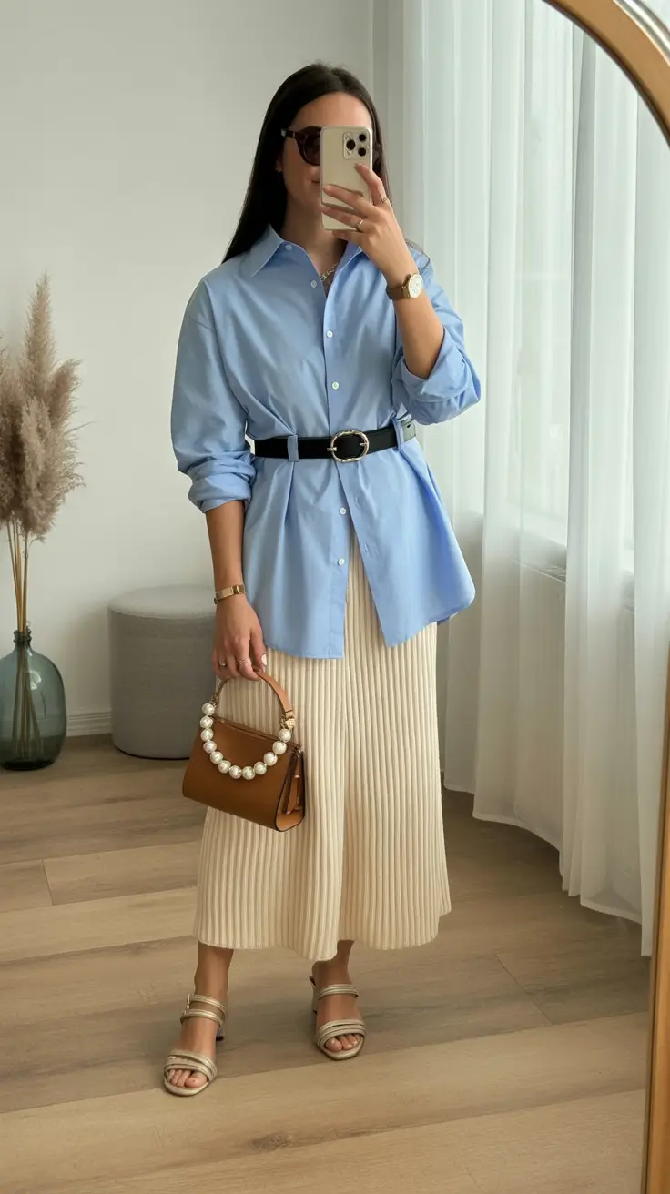old money spring outfits 2026 Structured Shirting and a Feminine Pleated Skirt