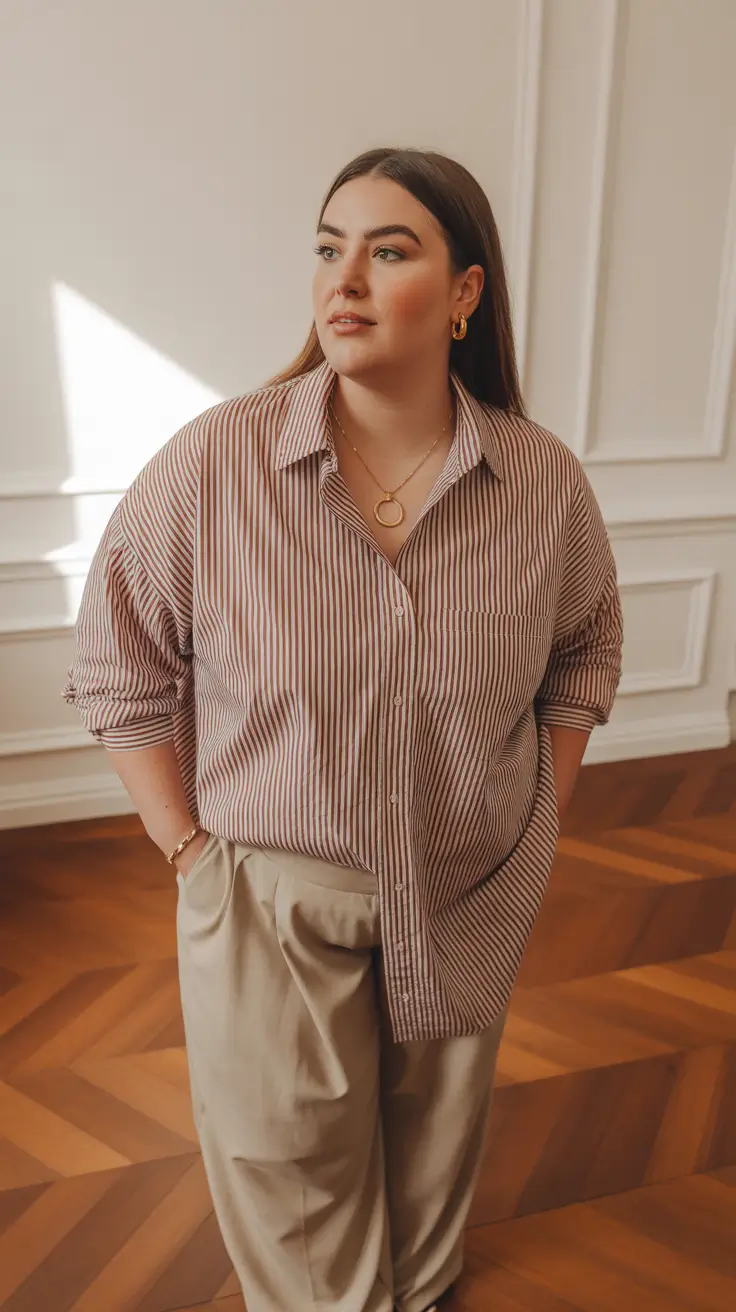 spring outfits for plus size women 2026 Soft Stripes and Tailored Neutrals