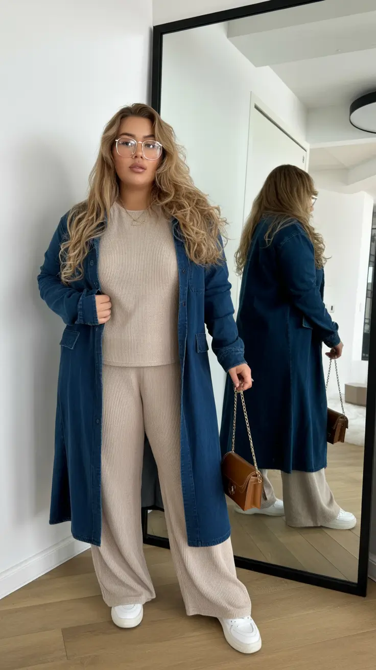 spring outfits for plus size women 2026 Soft Knit Confidence With a Long Denim Layer