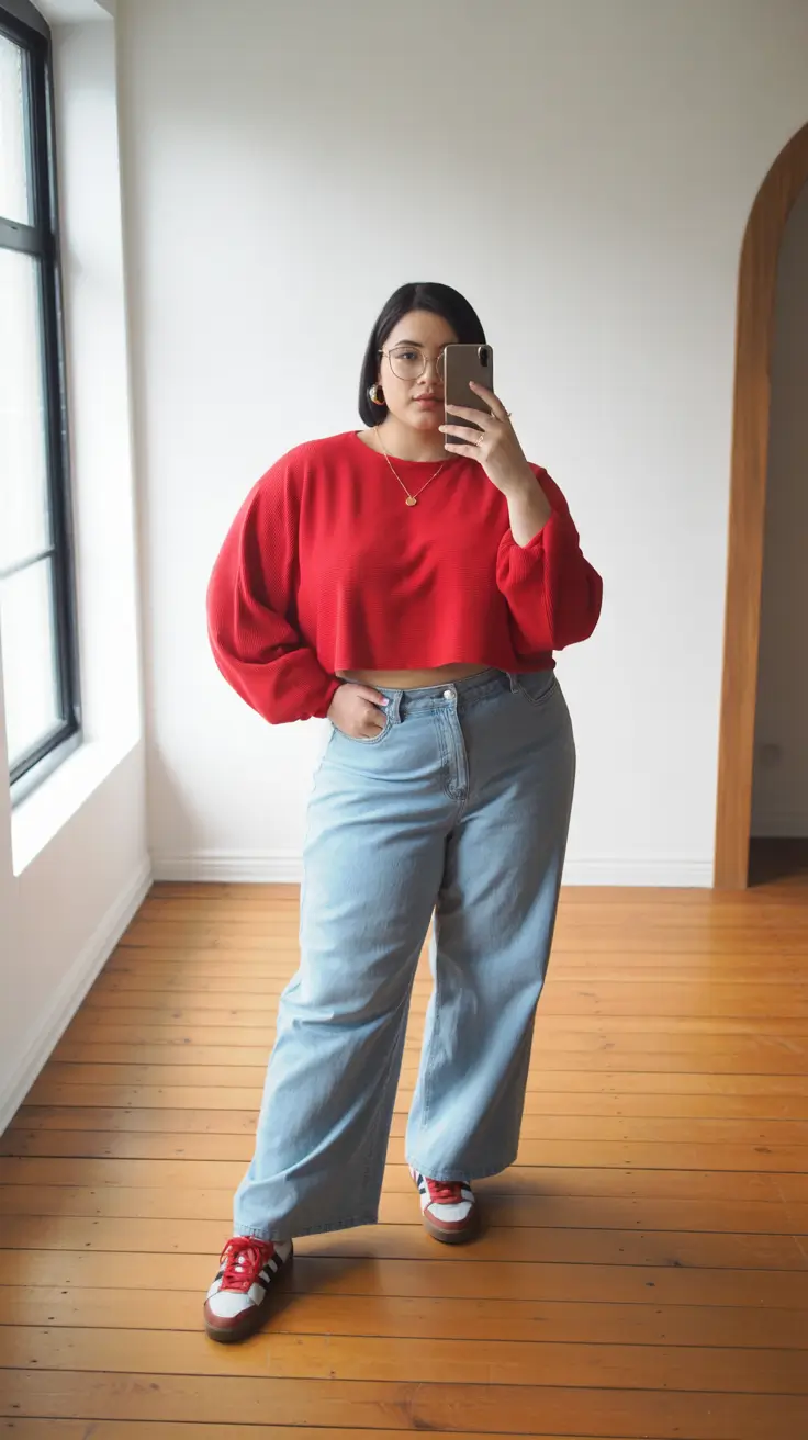 spring outfits for plus size women 2026 Red Knit Energy With Wide-Leg Denim