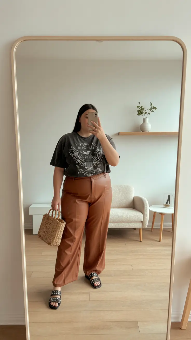 spring outfits for plus size women 2026 Graphic Tee Cool With Warm-Toned Trousers