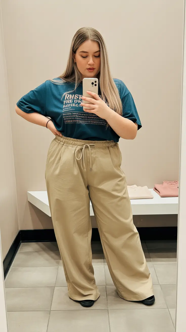 spring outfits for plus size women 2026 Relaxed Teal Tee and Easy Neutral Trousers