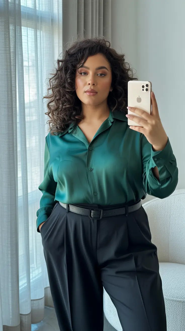 spring outfits for plus size women 2026 Emerald Satin and Tailored Black Trousers
