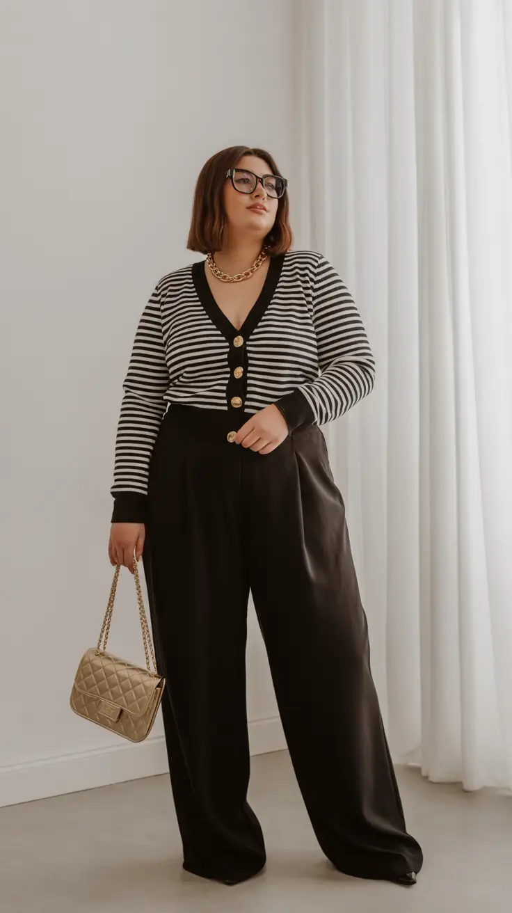 spring outfits for plus size women 2026 Striped Knit and Fluid Black Trousers