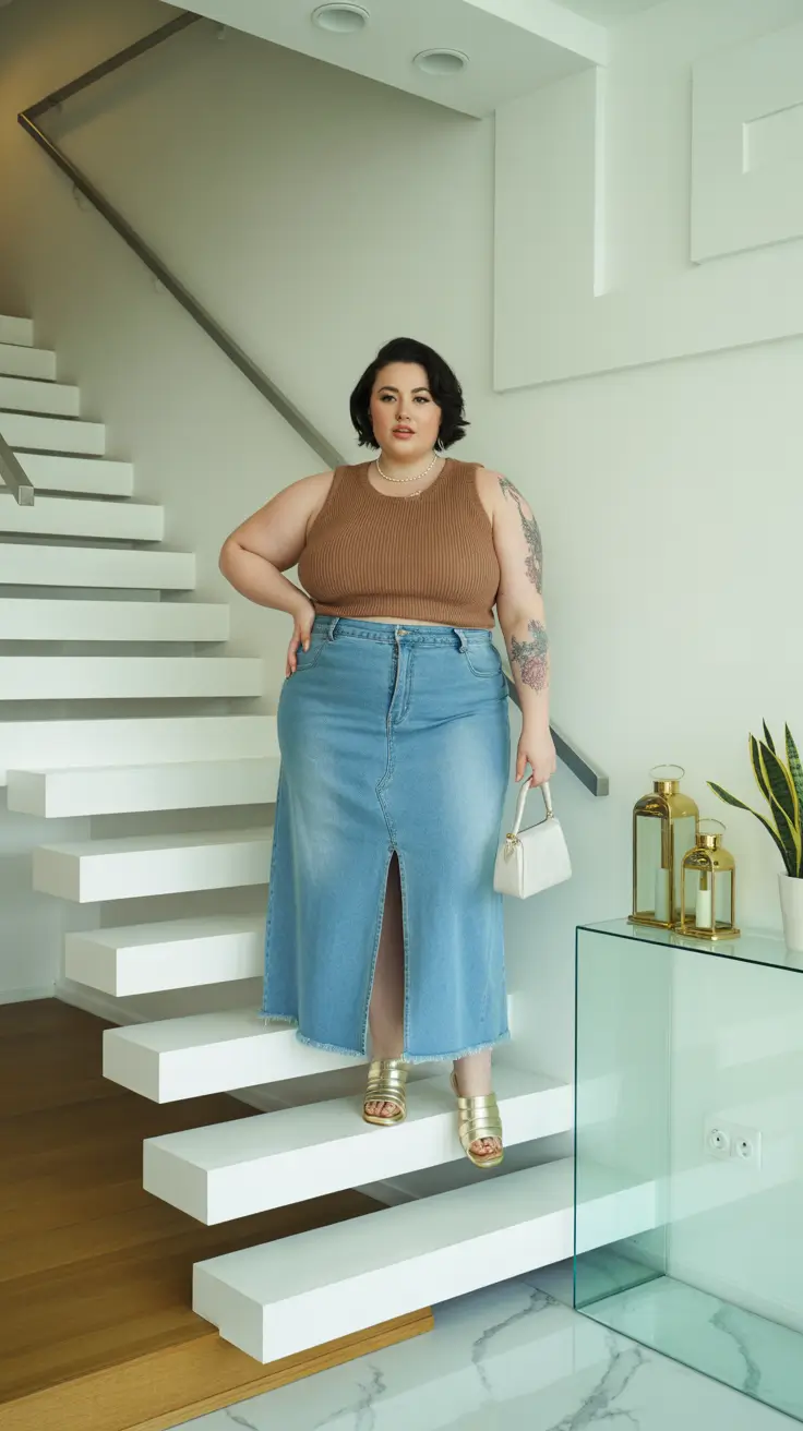 spring outfits for plus size women 2026 Denim Skirt Elegance With a Warm Neutral Top