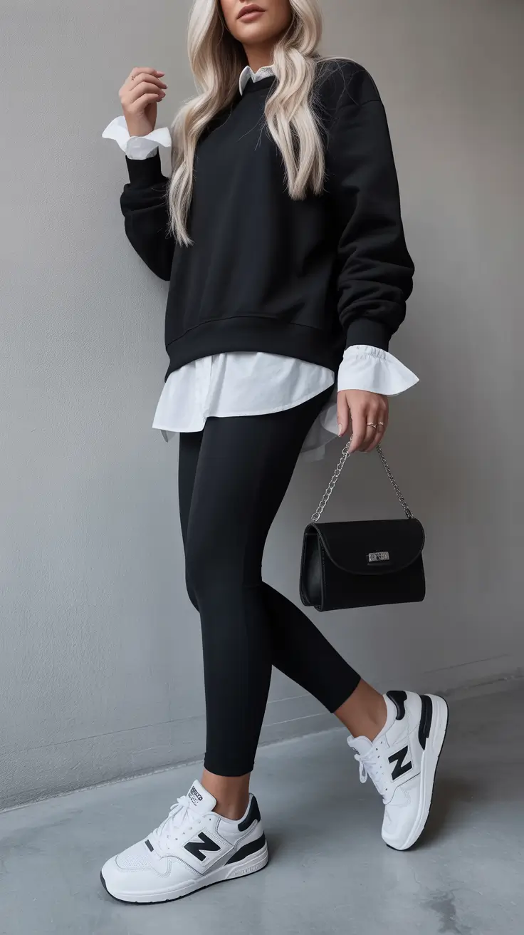 stylish leggings outfit spring 2026 Classic Black Layers With Office-Ready Structure
