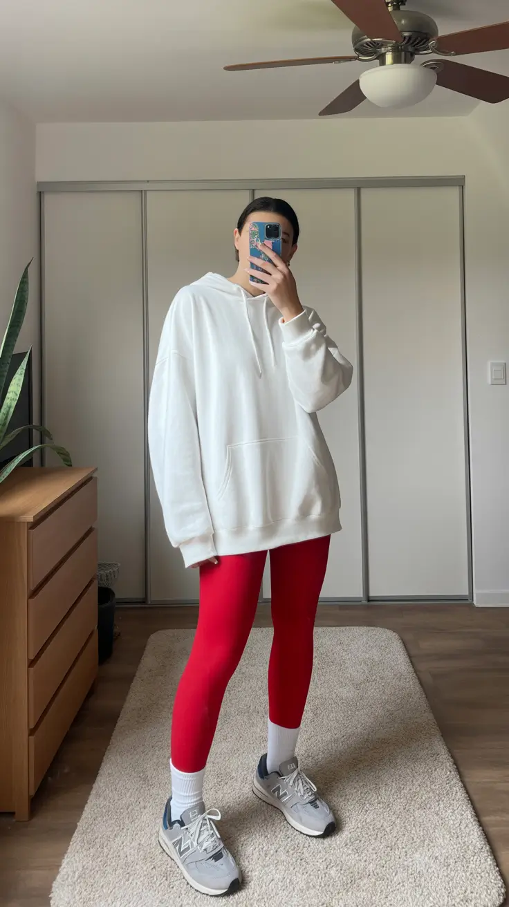 stylish leggings outfit spring 2026 Bold Red Leggings for Cozy Off-Duty Comfort