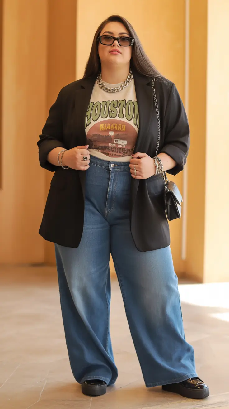 stylish plus size spring outfits 2026 Graphic Tees and Black Blazers: Spring Grunge Meets Modern Chic