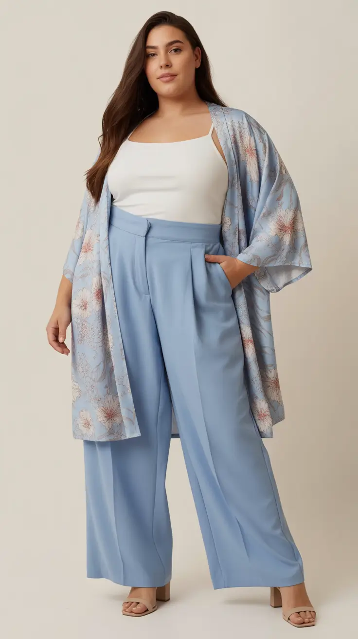 stylish plus size spring outfits 2026 Sky Blue Tailoring with a Soft Kimono Layer