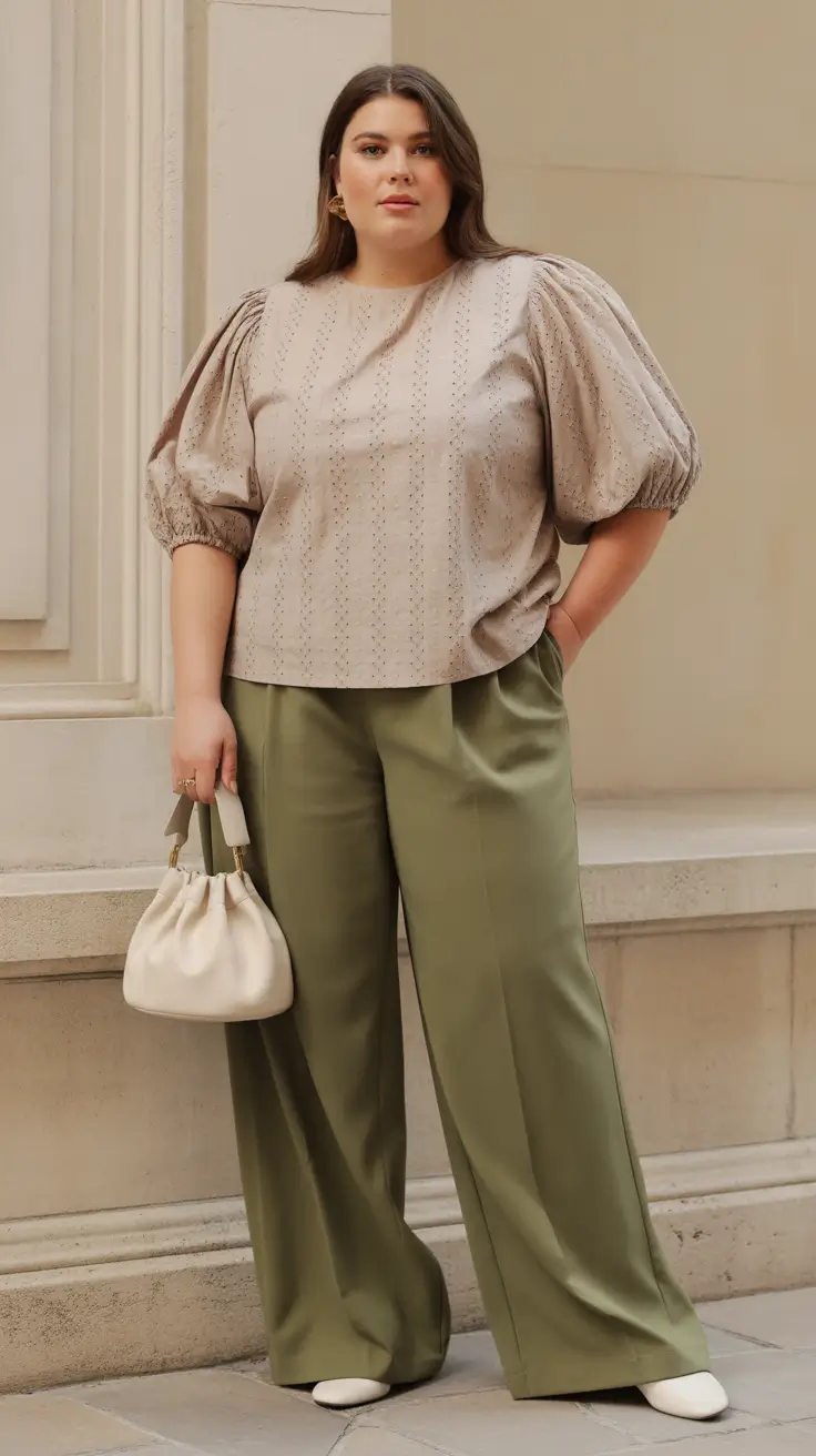 stylish plus size spring outfits 2026 Structured Calm with Puff Sleeves and Olive Tailoring