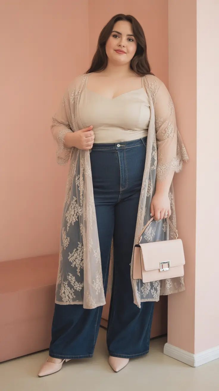 stylish plus size spring outfits 2026 Romantic Lace and Denim for Modern Spring Femininity