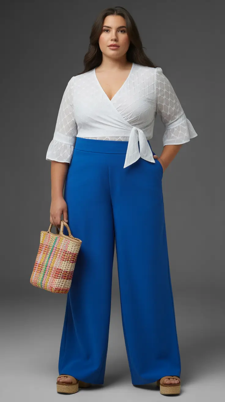 stylish plus size spring outfits 2026 Bold Blue Tailoring and Wrap-Top Elegance