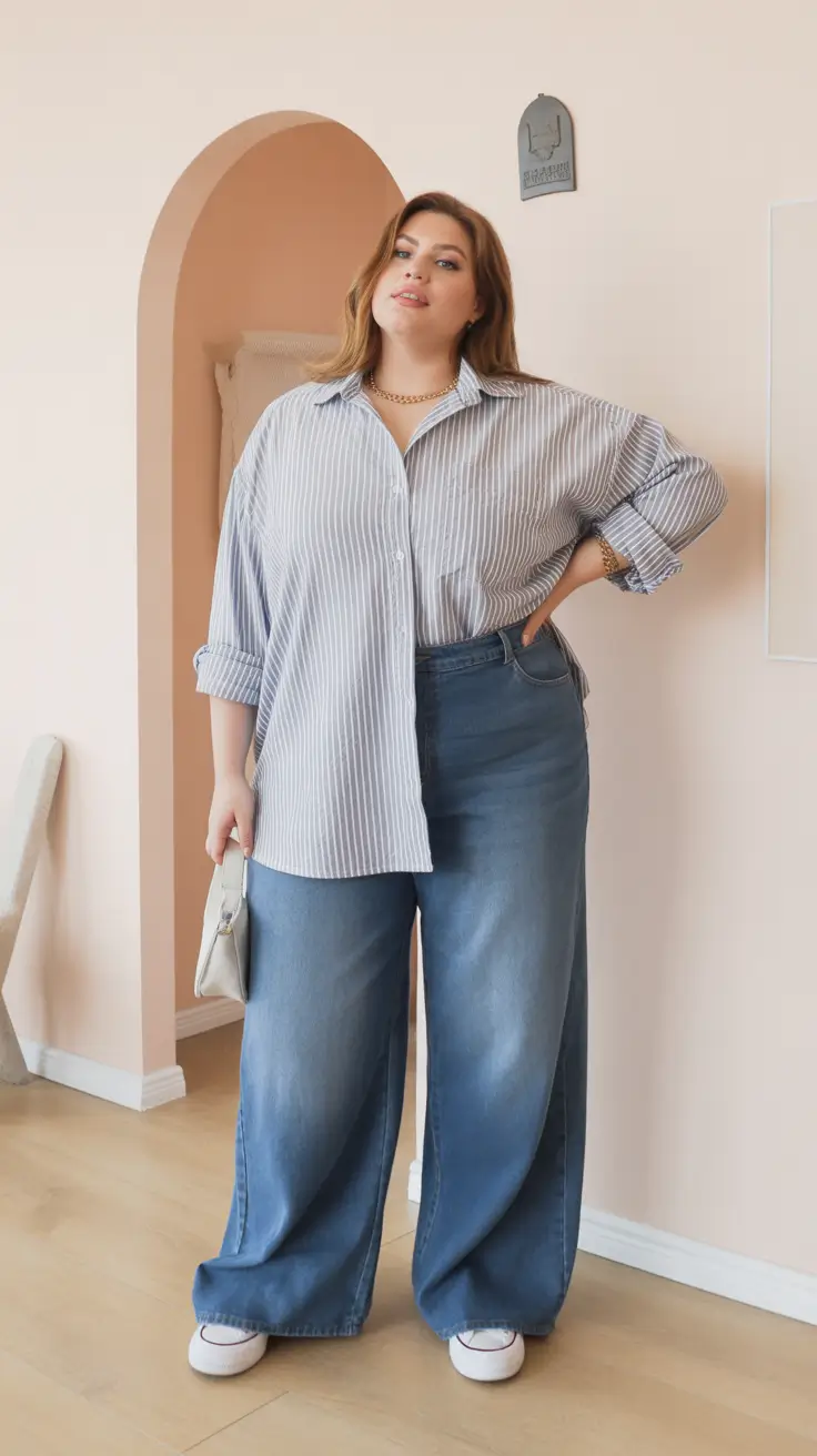 stylish plus size spring outfits 2026 Relaxed Stripes and Denim Ease for Everyday Spring Comfort