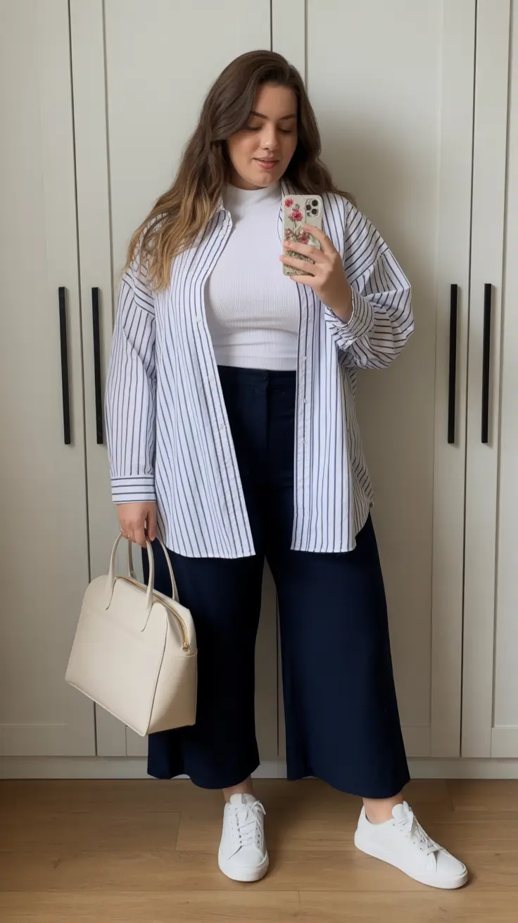 stylish plus size spring outfits 2026 Crisp Stripes and Navy Culottes for Casual Spring Polish