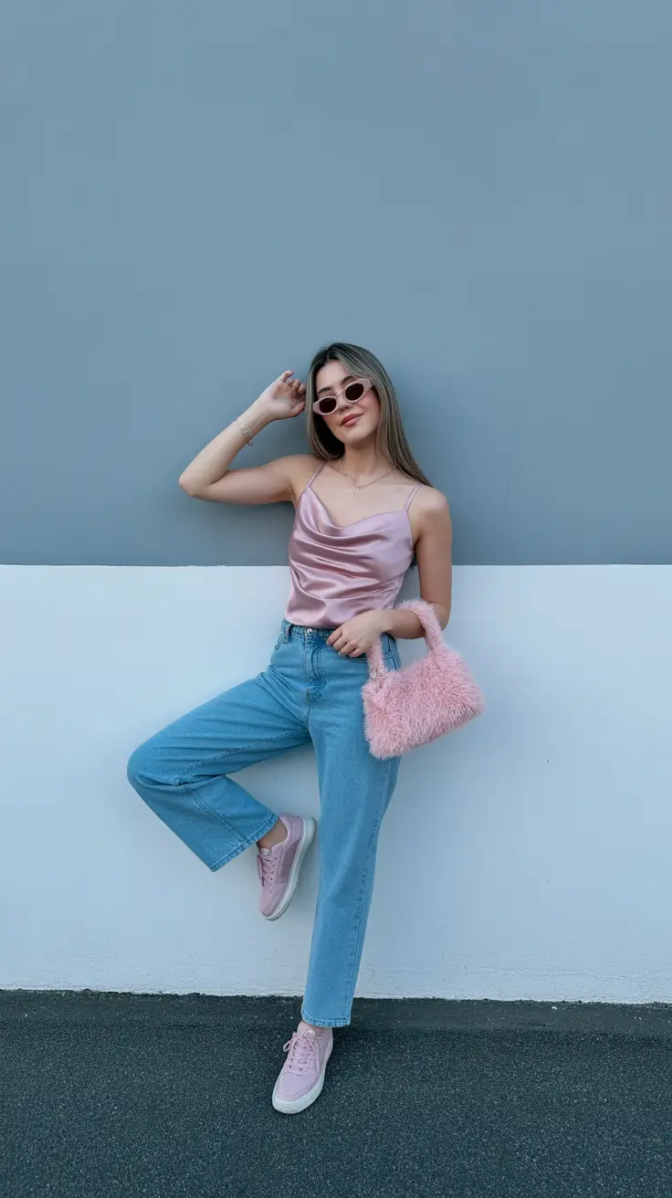 stylish spring birthday outfit 2026 Pink Satin and Denim for a Soft, Playful Spring Mood