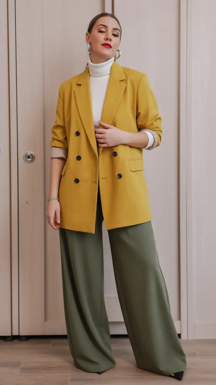 stylish spring business casual outfits 2026 Golden Mustard Blazer With Olive Trousers for Confident Contrast