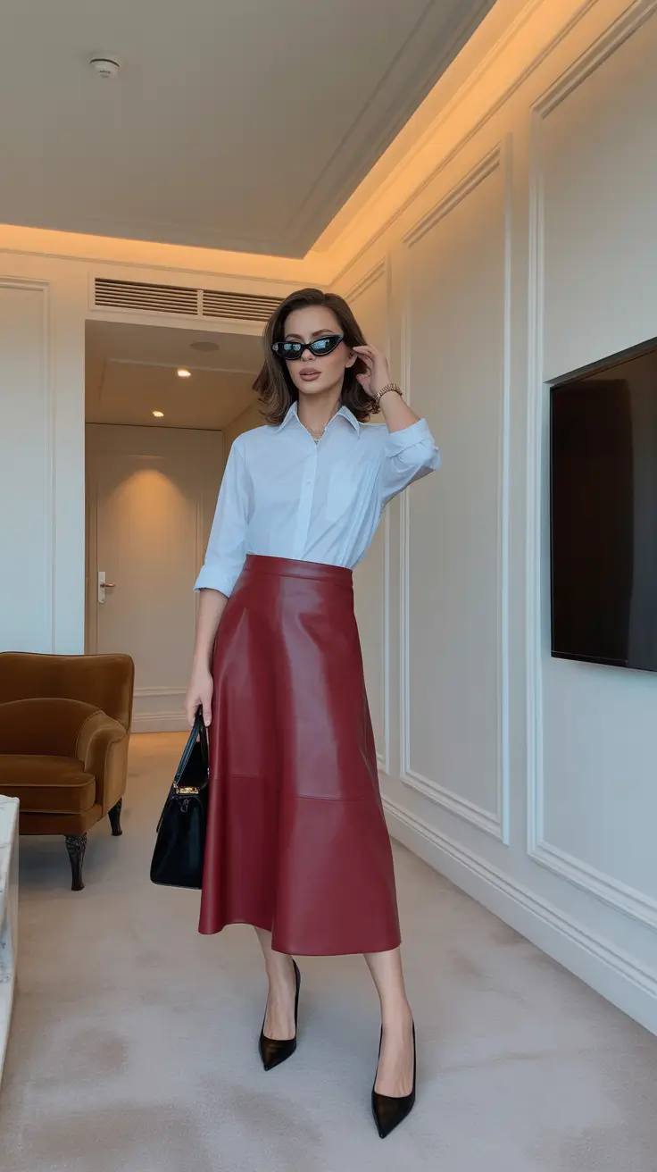 stylish spring business casual outfits 2026 White Button-Down & Burgundy Leather: Modern Professional Edge