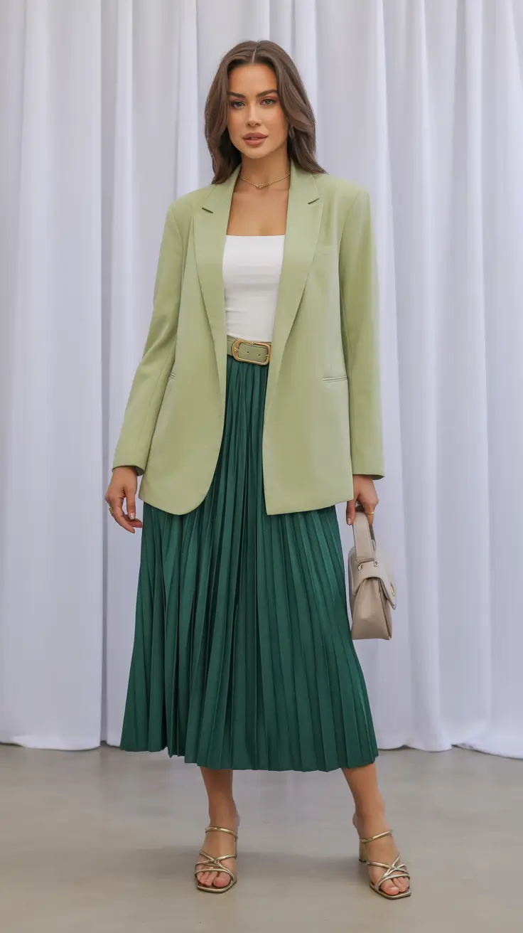 stylish spring business casual outfits 2026 Sage Blazer & Deep Green Pleats: A Soft Yet Structured Spring Palette