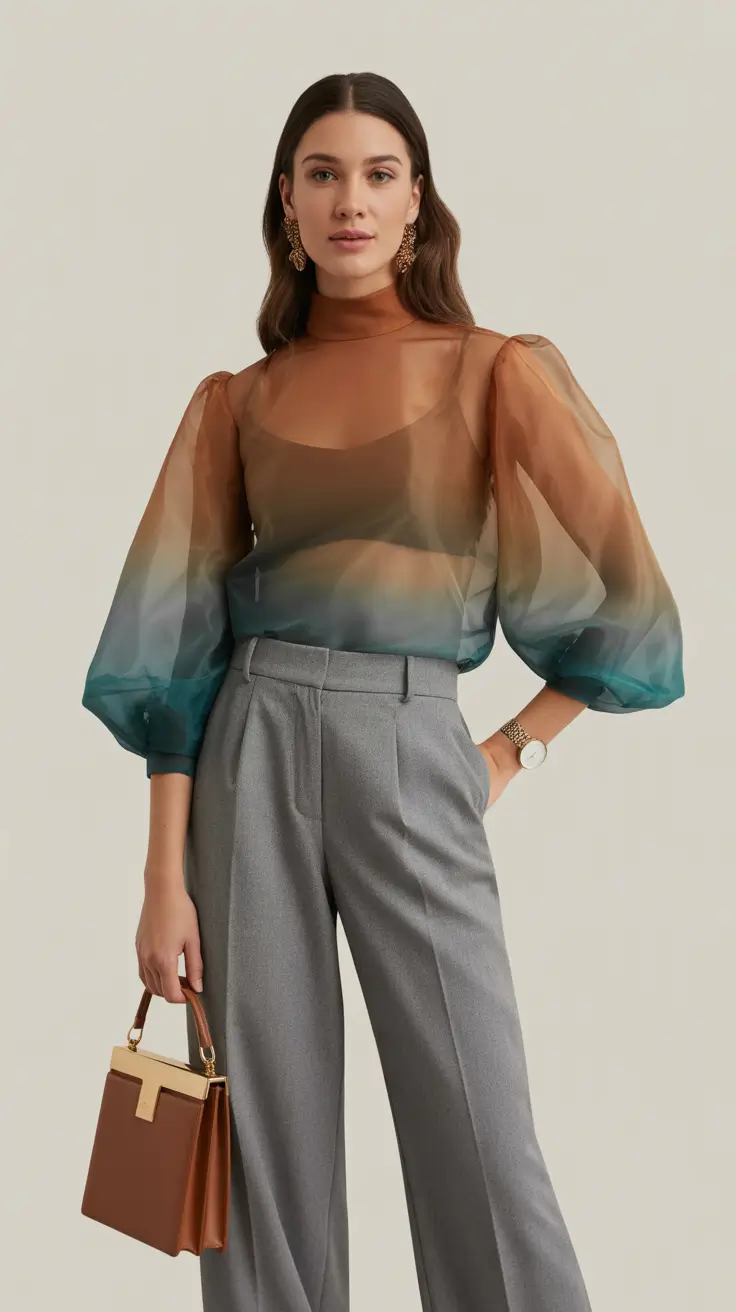 stylish spring business casual outfits 2026 Ombre Organza & Tailored Gray: A Modern Spring Statement