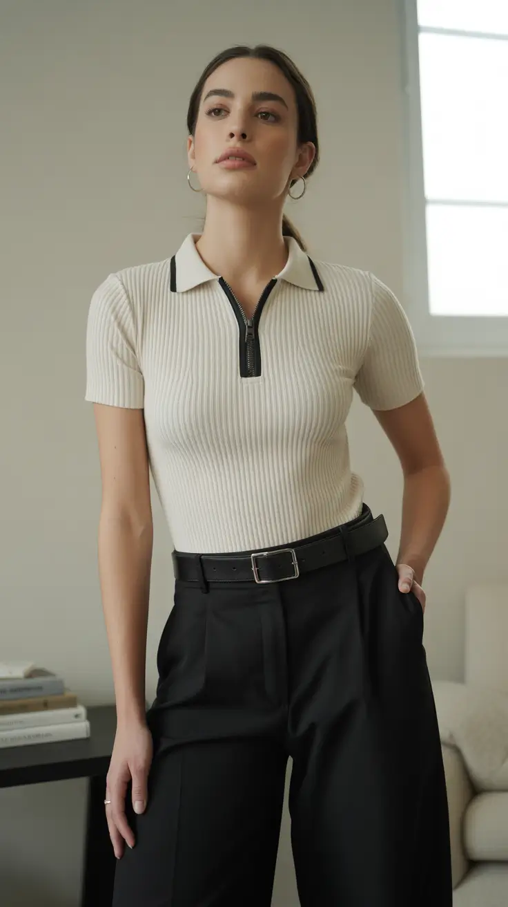 stylish spring business casual outfits 2026 Minimalist Knit & Black Tailoring for Clean Spring Lines