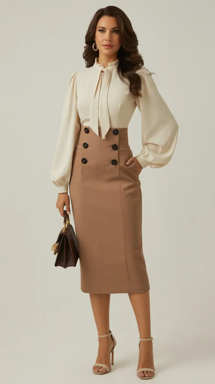 stylish spring business casual outfits 2026 Cream Blouse & Camel Pencil Skirt: Polished Spring Femininity