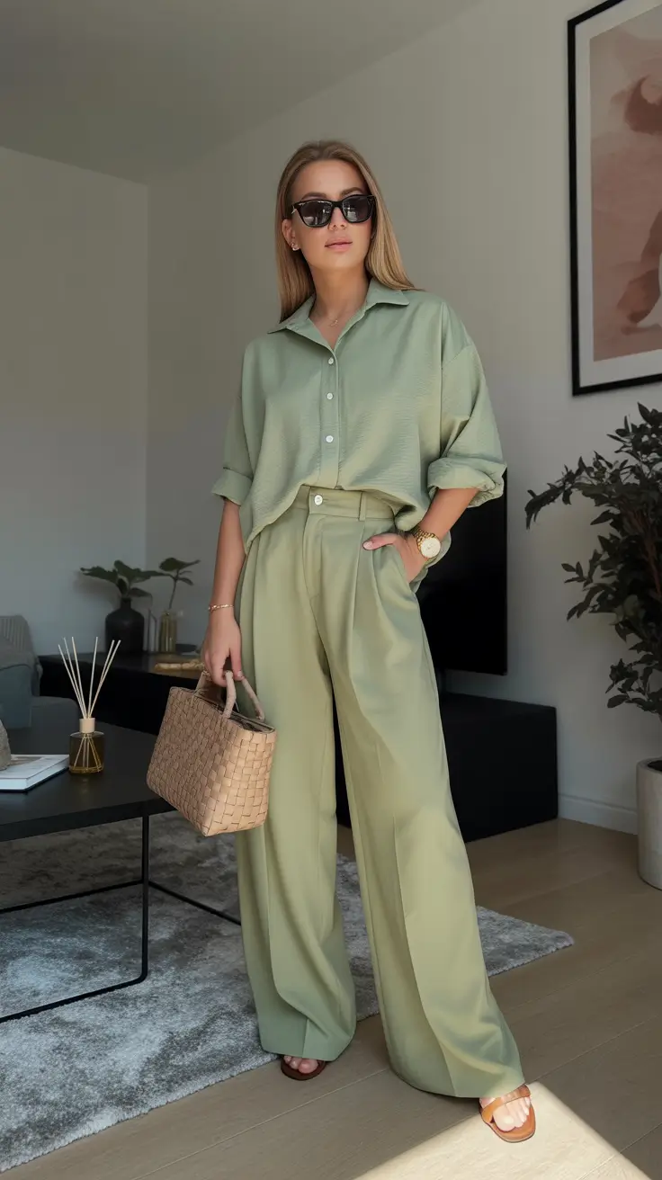 stylish spring business casual outfits 2026 Soft Sage Ease for Minimalist Spring Mornings