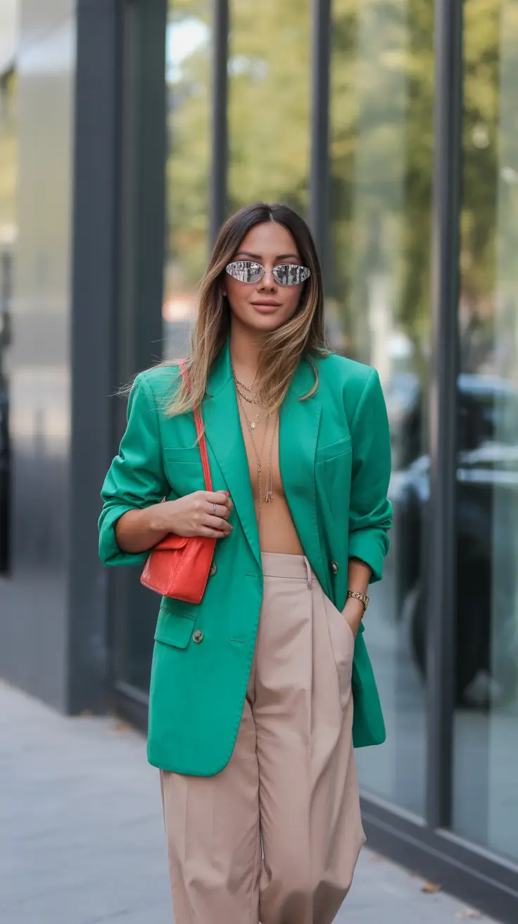 stylish spring business casual outfits 2026 Green Power Blazer & Soft Neutrals: A Confident Spring Color Pop
