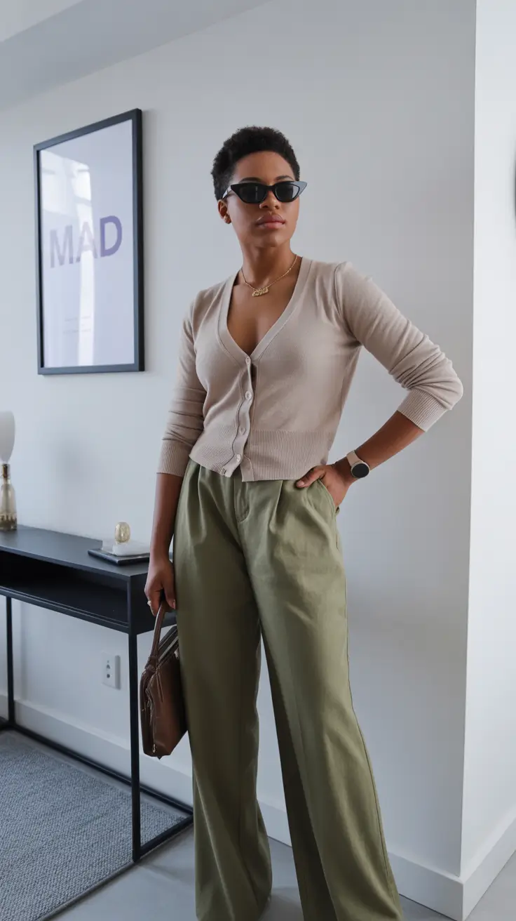 stylish spring business casual outfits 2026 Soft Cardigan & Olive Trousers: Quiet Chic for Everyday Spring