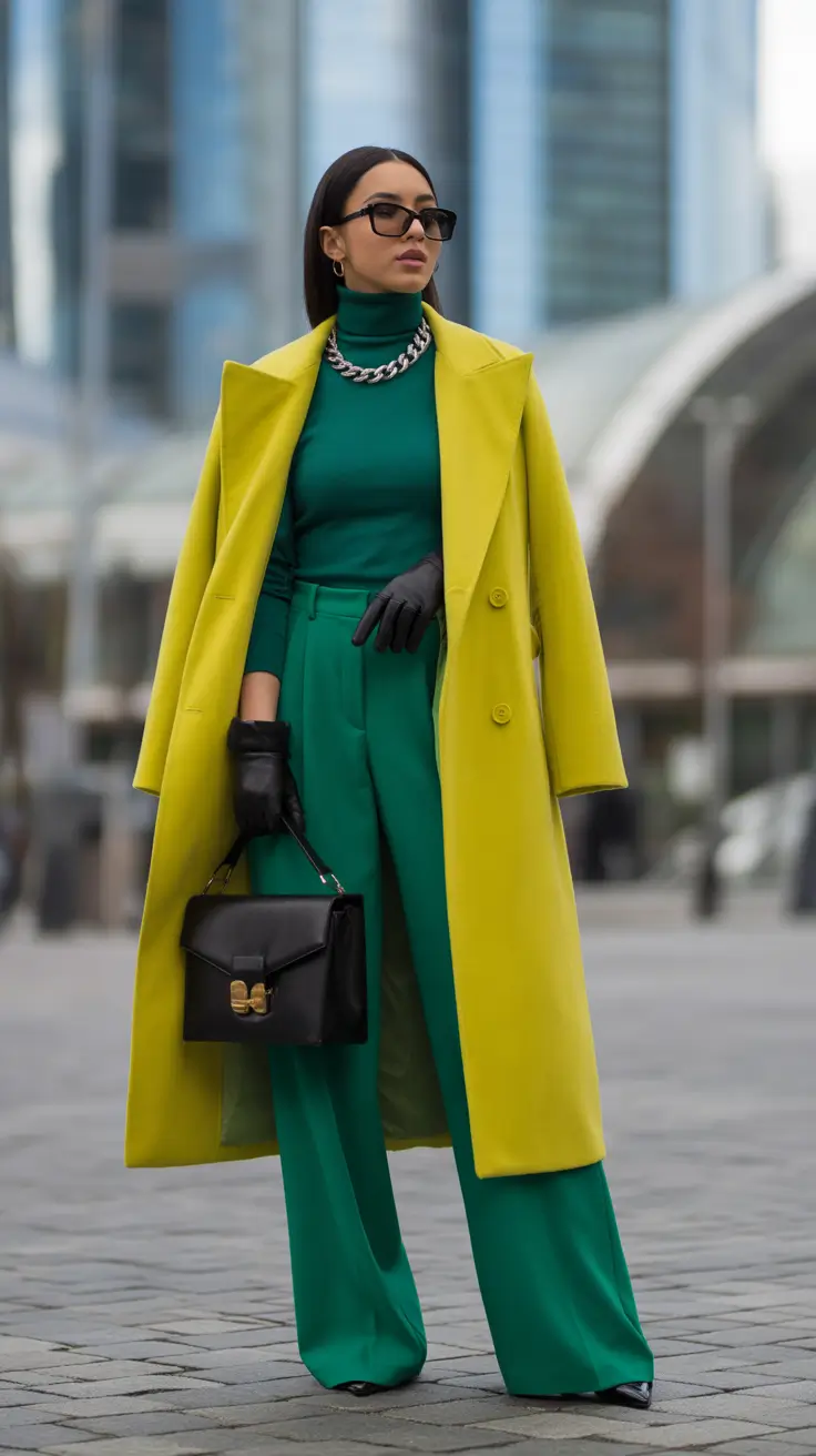 stylish spring business casual outfits 2026 Cool Emerald Layers With Urban Confidence
