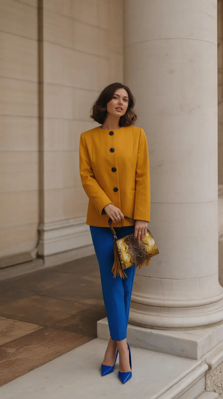 stylish spring business casual outfits 2026 Bold Blue and Mustard Contrast for Creative Offices