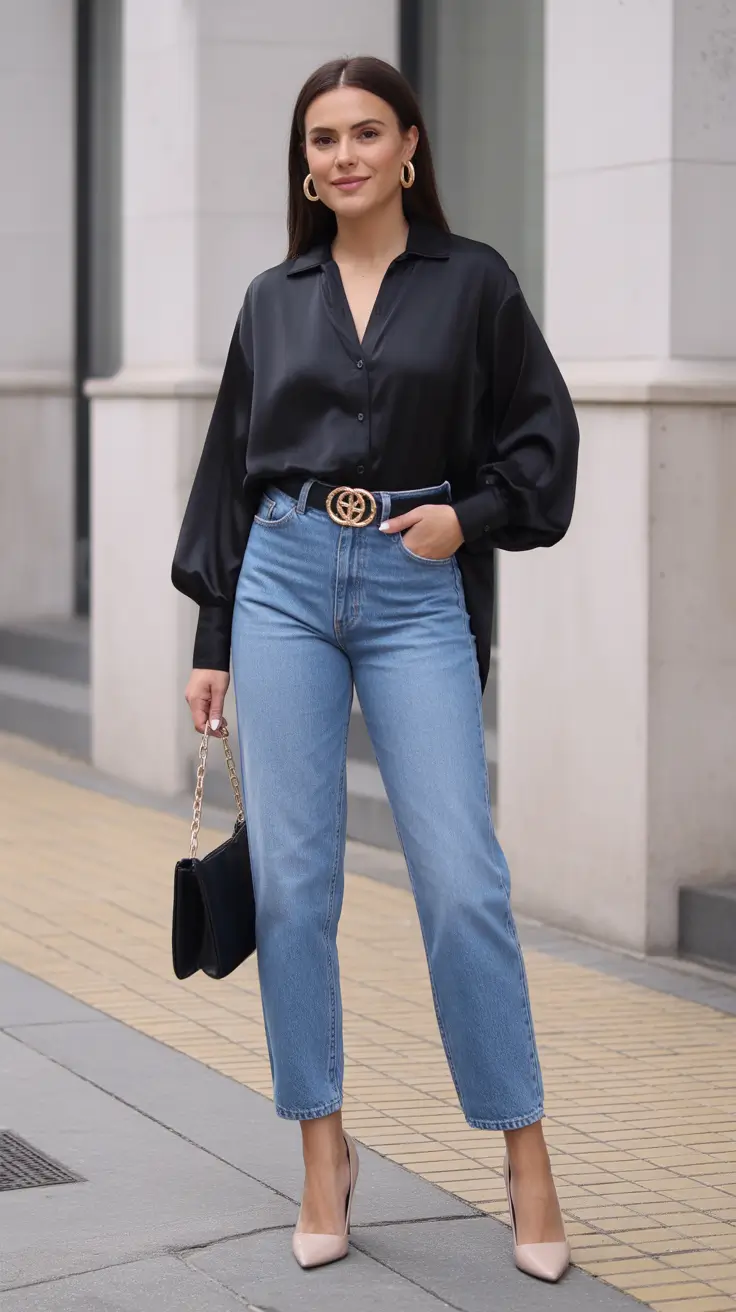stylish spring business casual outfits 2026 Classic Black Satin & Perfectly Fitted Denim for Modern Business Casual
