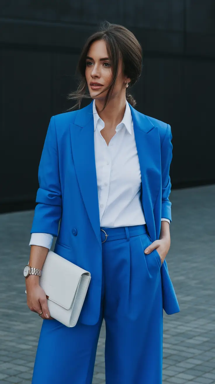 stylish spring business casual outfits 2026 Electric Blue Power Suit With a Crisp White Shirt