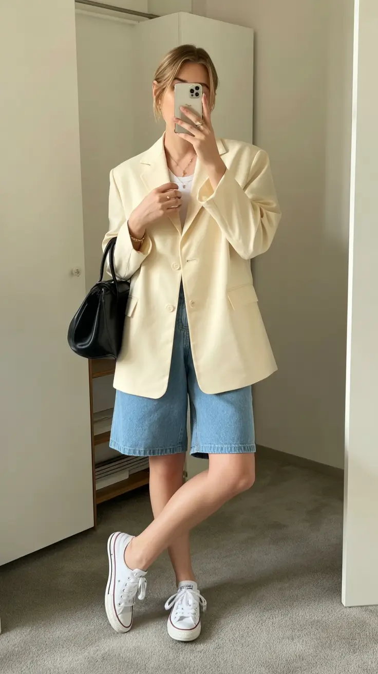stylish spring capsule wardrobe 2026 Soft Cream Blazer and Denim for Elevated Casual Spring Days