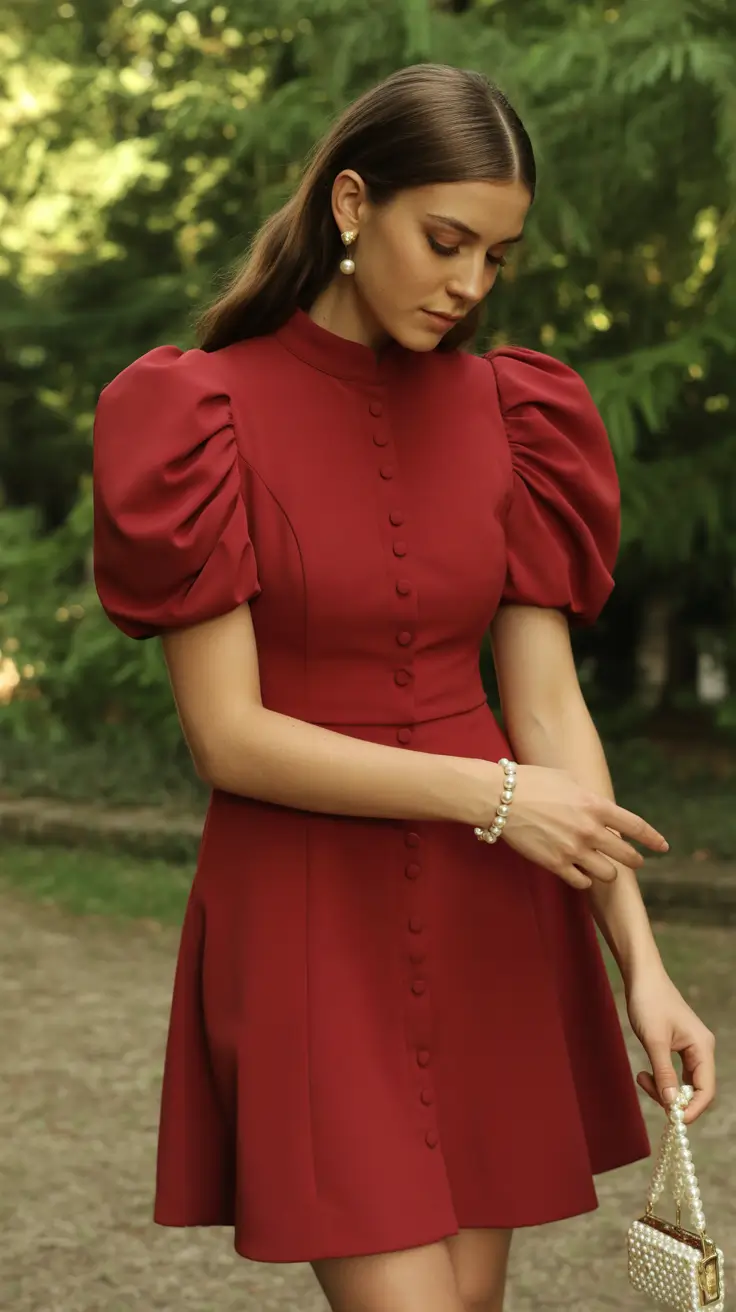 stylish spring dress outfits 2026 Crimson Puff-Sleeve Elegance