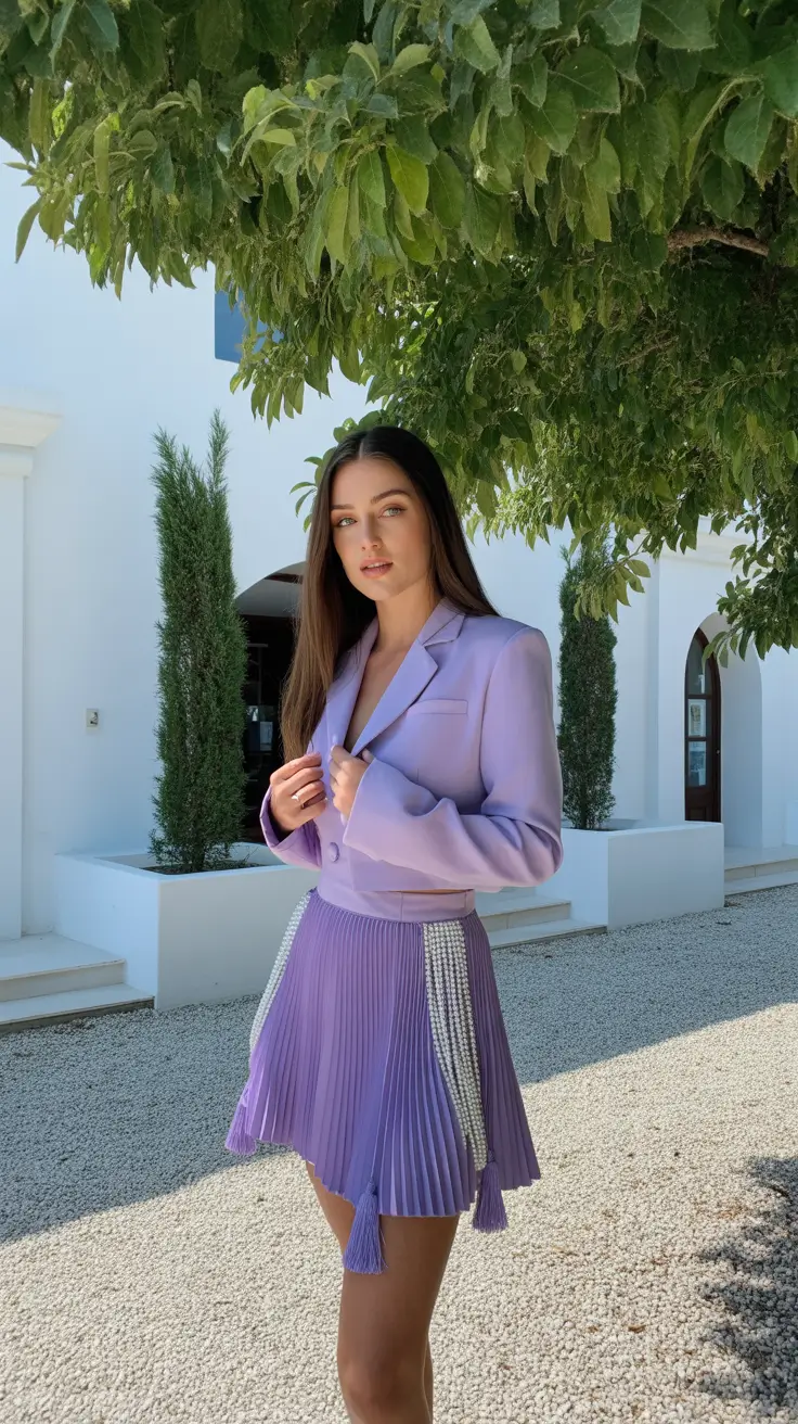 stylish spring fashion outfits 2026 Lavender Tailoring and Pleats for Spring Lightness