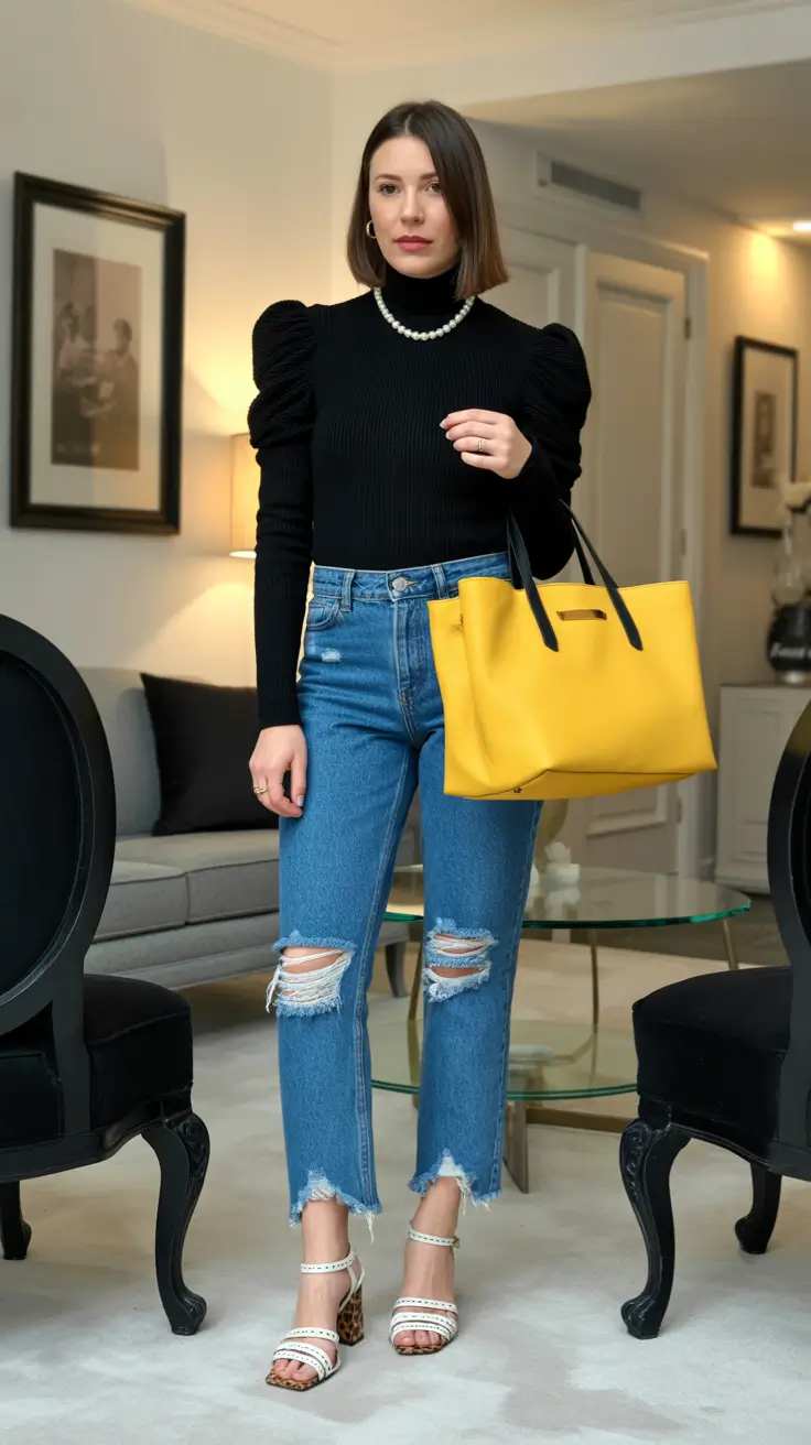 stylish spring fashion outfits 2026 Classic Black and Denim with a Burst of Yellow