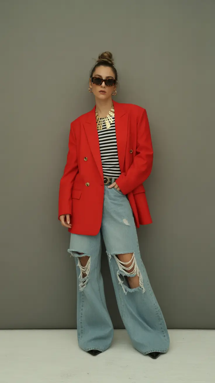 stylish spring fashion outfits 2026 Bold Red Blazer with Striped Basics and Wide Denim