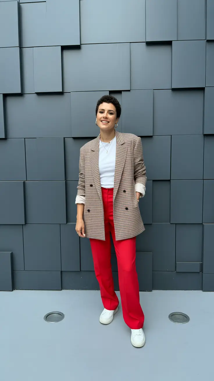 stylish spring fashion outfits 2026 Checked Blazer and Bold Red Tailoring for Everyday Energy