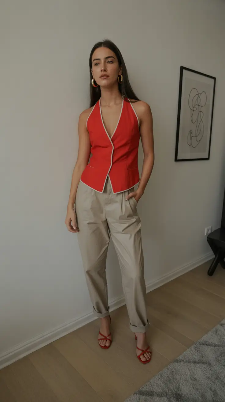 stylish spring fashion outfits 2026 Red Statement Top with Tailored Neutral Pants