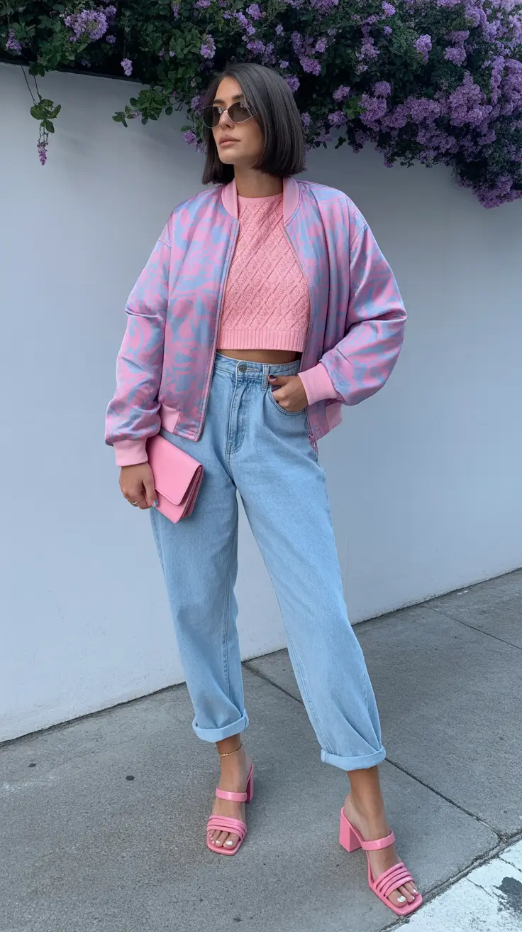 stylish spring jeans outfit 2026 Monochrome Pink Layers