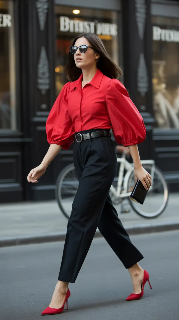 Stylish spring office outfits for work 2026 Red Statement Sleeves with Tailored Black Trousers
