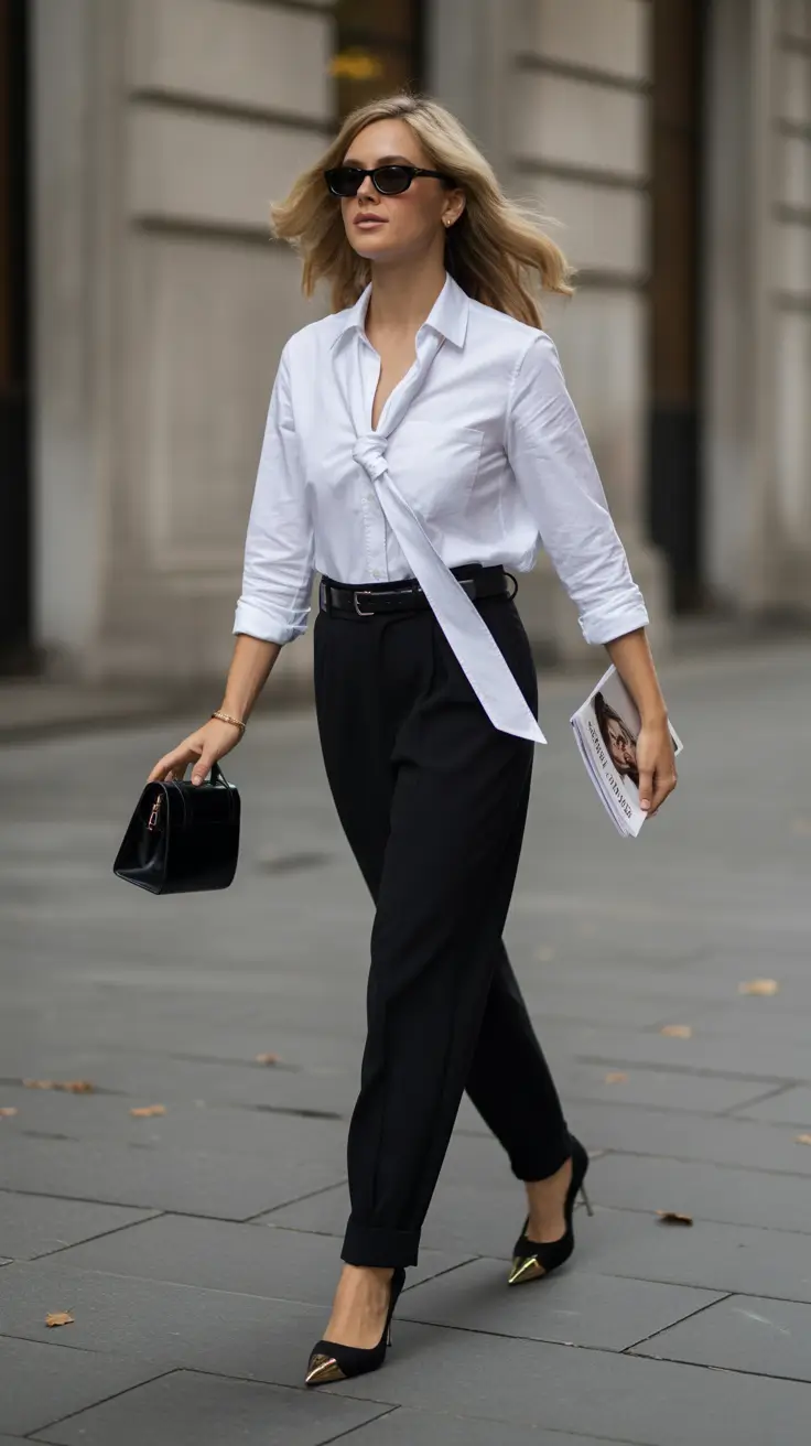 Stylish spring office outfits for work 2026 Classic Black-and-White with Modern Sharpness