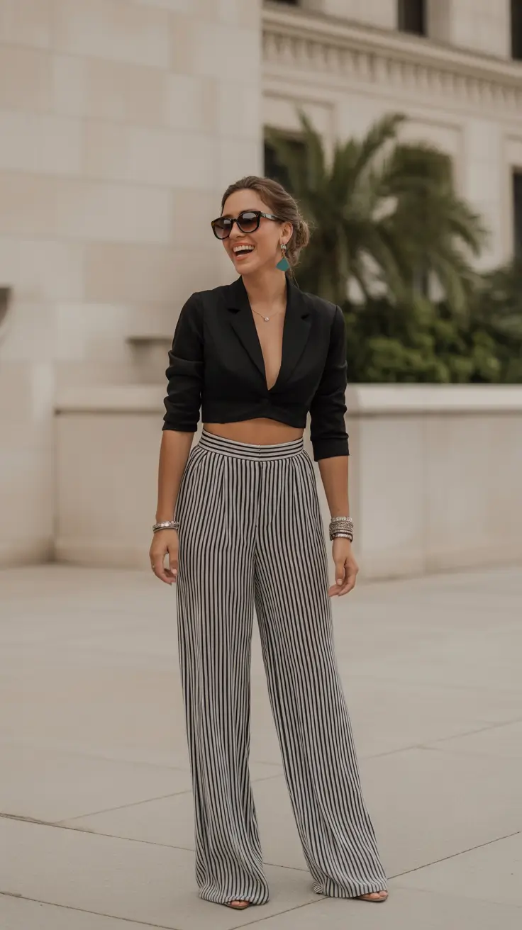 Stylish spring office outfits for work 2026 Striped Wide-Leg Trousers with a Cropped Blazer