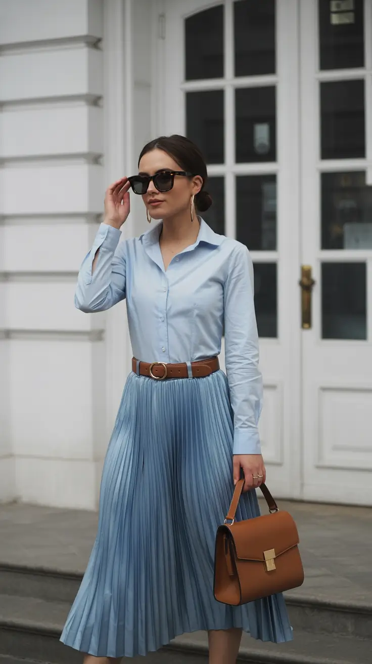 Stylish spring office outfits for work 2026 Blue Pleats and Soft Shirting for Everyday Spring Elegance