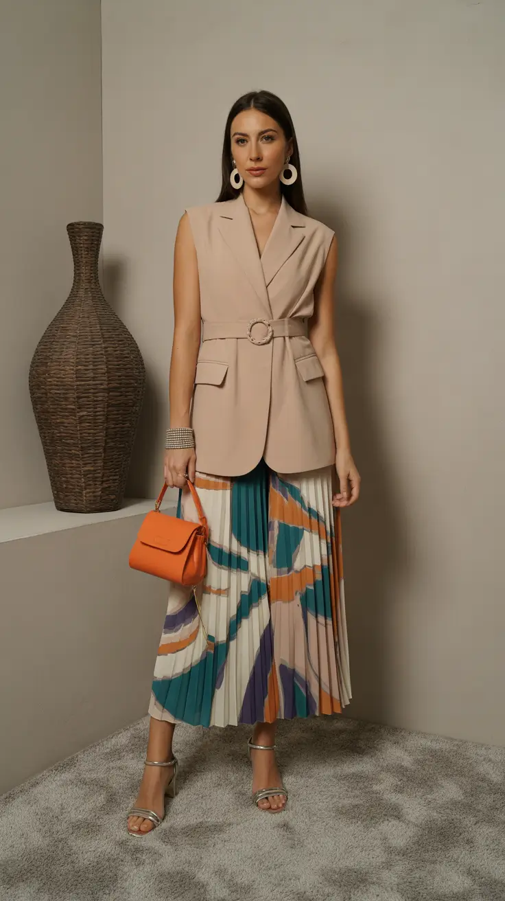 Stylish spring office outfits for work 2026 Neutral Layers with a Statement Pleated Skirt
