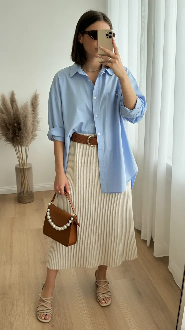 Stylish spring office outfits for work 2026 Relaxed Blue Shirt with a Soft Pleated Skirt