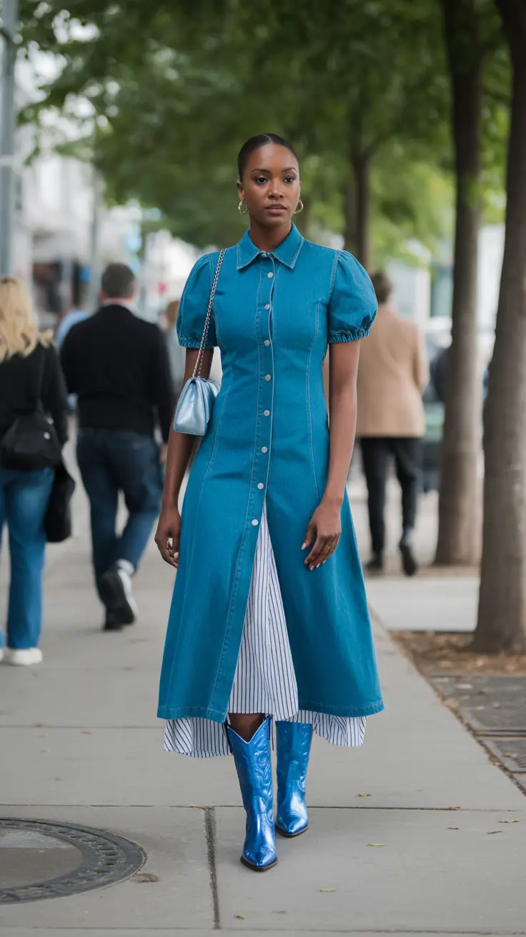 stylish spring outfits black women 2026 Denim Drama With a Pop of Shine